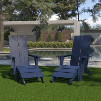 Flash Furniture 2-JJ-C14509-14309-NV-GG Set of 2 Sawyer Modern All-Weather Poly Resin Wood Adirondack Chairs with Foot Rests in Navy